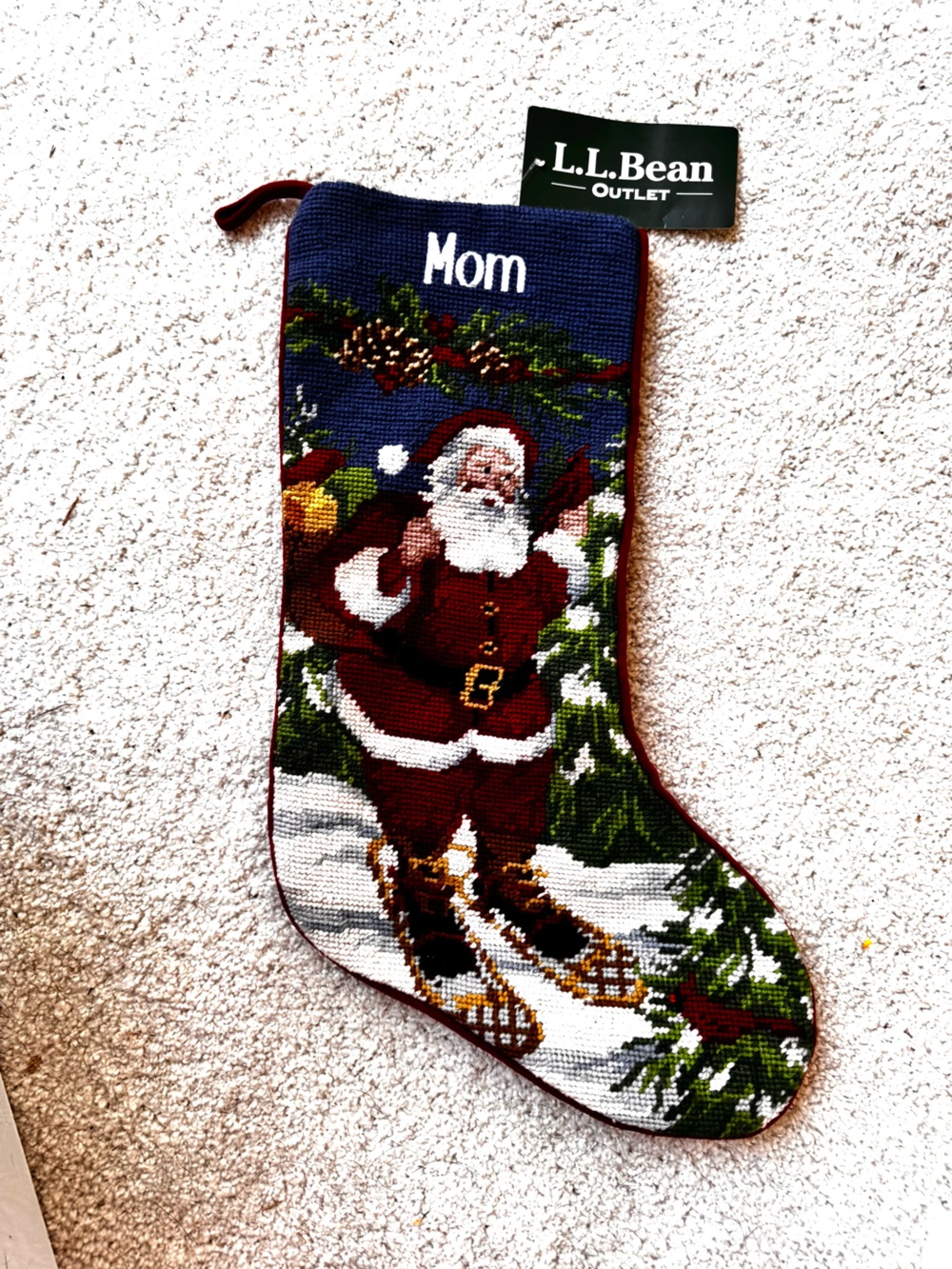 L.L.Bean Mom Santa Needlepoint Christmas Stocking NWT Discontinued Vintage Desig